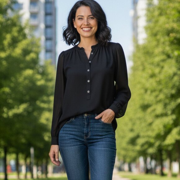 Aritzia Wilfred Blouse 3/4 Length Sleeve Black Button Front Collared Size XXS - Picture 1 of 15